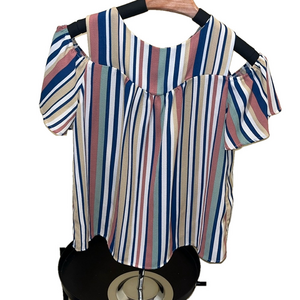 MULTI COLORED STRIPED COULD SHOULDER SHORT SLEEVE TOP